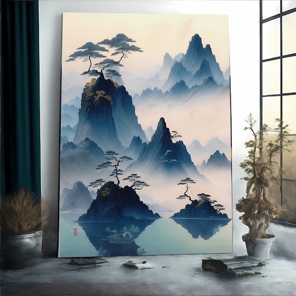 Tranquil Japanese seascape with misty mountains and islands, Printable wall art, Digital art, Bedroom wall art, Printable poster art