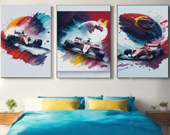 Three F1 watercolour splash poster art, Printable wall art, Printable home decor, Digital art, Bedroom wall art, Printable poster art