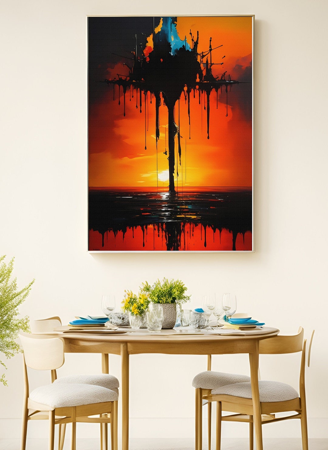 Contemporary Abstract Splash Oil Paint Dripping Sunset Wall Etsy
