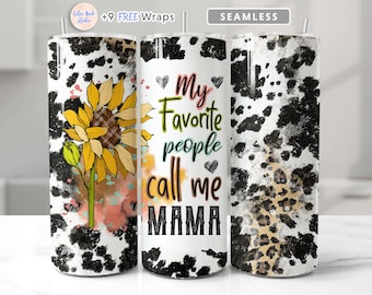Mama Tumbler Wrap Girasol Cuero Leopardo Estampado Sublimación sin costuras 20 oz Diseño de vaso para mamás Descarga digital instantánea