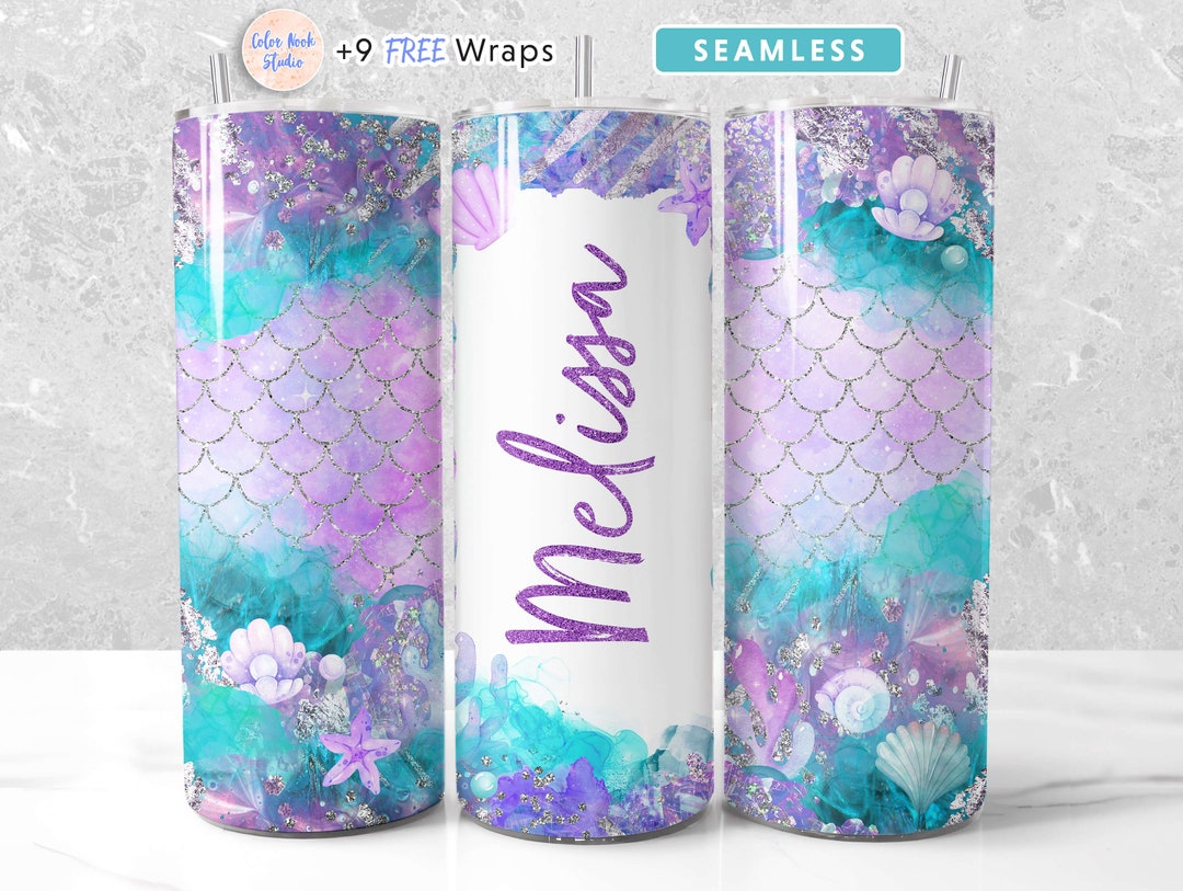 Personalized Tumbler Wrap Purple & Teal Mermaid Add Your Name Seamless ...