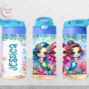 Sirena Bambini 12 oz Flip Top Tumbler Wrap Carino PNG Design Personalizzato Bottiglia d'Acqua Sublimazione Aggiungi il Tuo Nome Download Digitale Istantaneo
