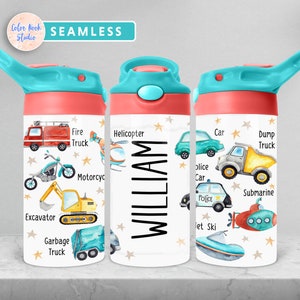 Trasporto Bambini 12 oz Flip Top Tumbler Wrap Car Truck PNG Design personalizzato Bottiglia d'acqua Sublimazione Aggiungi il tuo nome Download digitale
