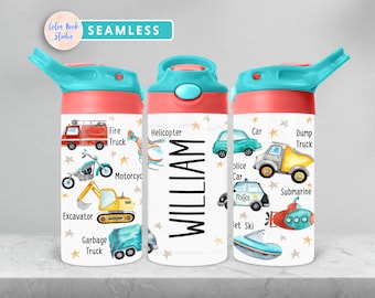 Transport Kids 12 oz Flip Top Tumbler Wrap Car Truck PNG Personalized Design Water Bottle Sublimation Add Your Own Name Digital Download