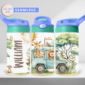 Safari Kids 12 oz Flip Top Tumbler Wrap Cute Animals Kids Water Bottle Sublimacja Design PNG Seamless Dodaj swoje imię Pobieranie cyfrowe