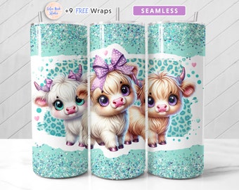 Highland Cow 20 oz Tumbler Wrap PNG Purple & Teal Cute Seamless Sublimation Design Instant Digital Download