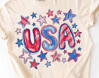 USA PNG, rood wit en blauw 4 juli shirt design, handgetekende doodle letters, patriottische sterren en strepen (digitale download)
