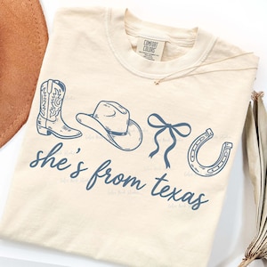 She's From Texas PNG, Western Coquette Bow Design, Coastal Cowgirl, Cowboy Boot Hat Bow Horseshoe, Vintage Style Texas Girl PNG