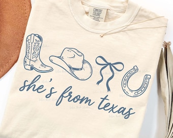 She's From Texas PNG, Western Coquette Bow Design, Coastal Cowgirl, Cowboy Boot Hat Bow Horseshoe, Vintage Style Texas Girl PNG