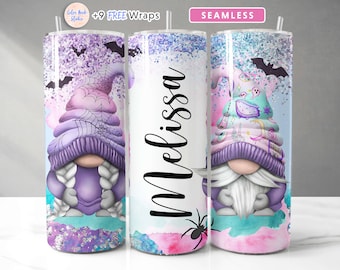 Gnome Tumbler Wrap Design Pastel Halloween Add Your Own Name/Text Seamless Sublimation 20 oz Tumbler PNG Instant Digital Download