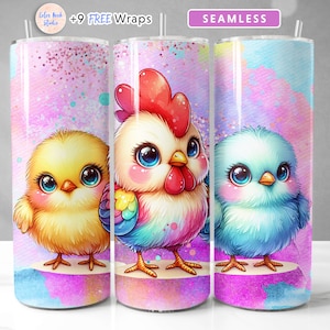 Chicken Tumbler Wrap PNG Baby Farm Animal Watercolor Glitter Seamless Sublimation 20 oz Skinny Tumbler Design Instant Digital Download