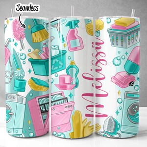 May include: Three 20 oz stainless steel tumblers with a cleaning theme. The tumblers feature a variety of cleaning supplies, including a broom, a vacuum cleaner, a sponge, and a dishwashing brush. The tumblers are white with a blue and green pattern. The text "messy" is printed on the middle tumbler.