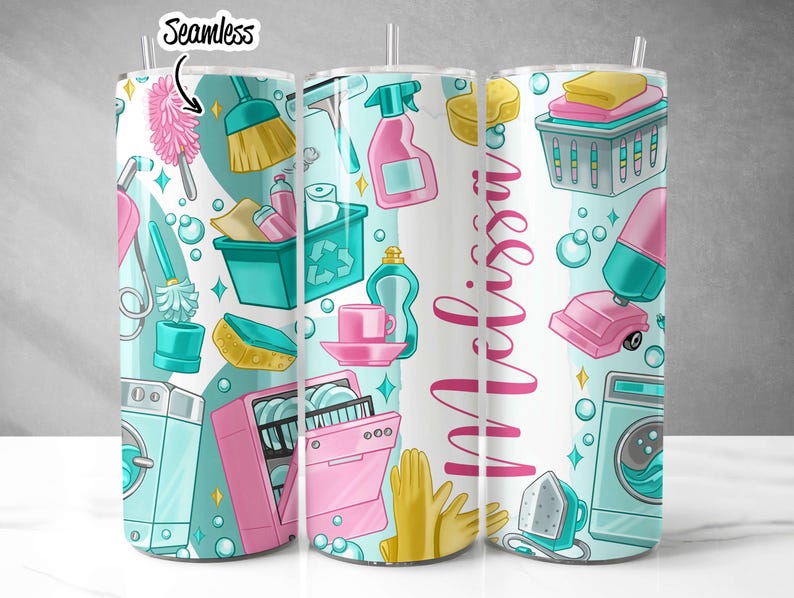 May include: Three 20 oz stainless steel tumblers with a cleaning theme. The tumblers feature a variety of cleaning supplies, including a broom, a vacuum cleaner, a sponge, and a dishwashing brush. The tumblers are white with a blue and green pattern. The text "messy" is printed on the middle tumbler.