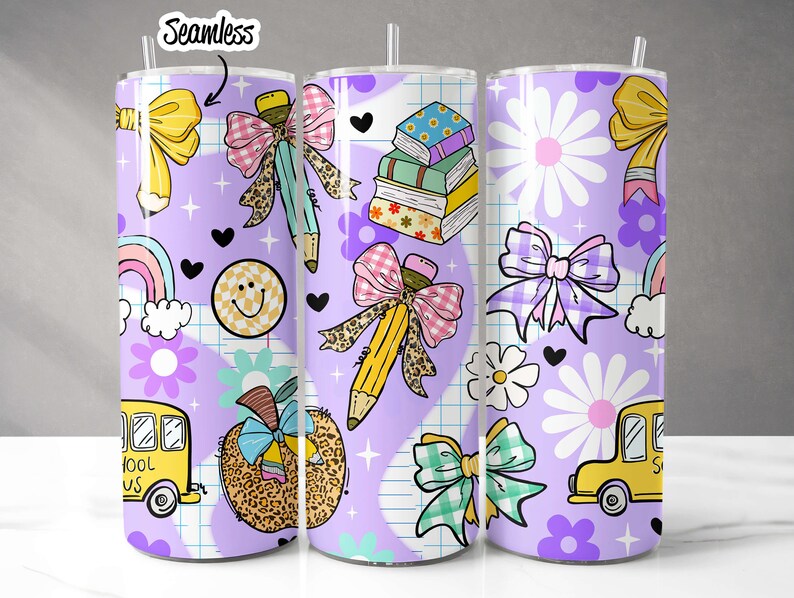 May include: Three seamless school-themed tumblers with a purple background. The design includes yellow bows, pencils with bows, a smiling face, a rainbow, a school bus, books, and flowers. Each tumbler has a straw.