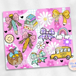 May include: A pink background with school-themed illustrations. Includes pencils with bows, a school bus, books, a rainbow, flowers, and a smiley face. The design has a grid pattern and the text "Color Nook Studio".