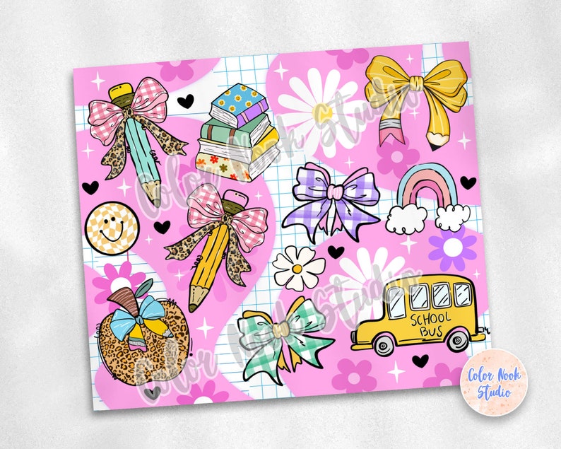 May include: A pink background with school-themed illustrations. Includes pencils with bows, a school bus, books, a rainbow, flowers, and a smiley face. The design has a grid pattern and the text "Color Nook Studio".