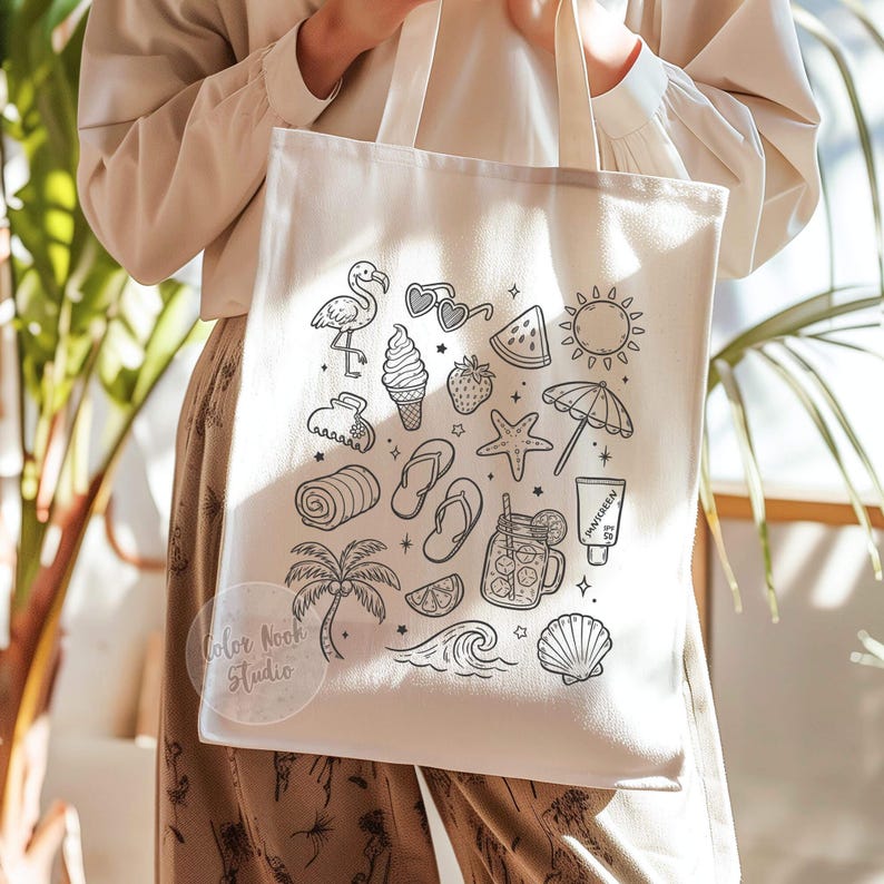 May include: A white canvas tote bag with a black and white illustration of summer-themed icons, including a flamingo, sunglasses, watermelon, a sun, a beach umbrella, a starfish, a seashell, a palm tree, a wave, a lemon, a mason jar with a straw, a towel, flip flops, a hair clip, ice cream, a strawberry, and sunscreen.