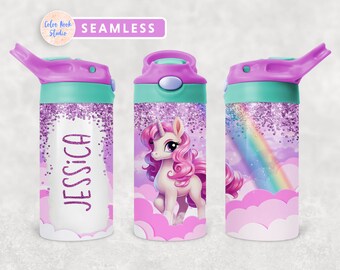 Unicorn Kids 12 oz Flip Top Tumbler Wrap Kids Water Bottle Sublimation Design PNG Seamless Add Your Name Digital Download