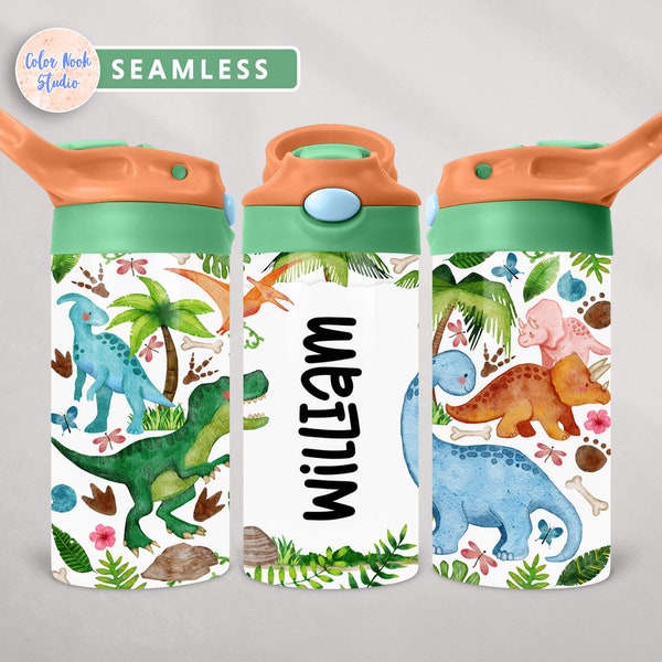 Dinosaur Kids 12 oz Flip Top Tumbler Wrap PNG Personalized Design Water Bottle Sublimation Add Your Own Name Instant Digital Download