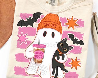 Cute Ghost Iced Coffee PNG, Freshly Boo'd Halloween Sublimation Design, Retro Black Cat Spooky Season, With and Without Stripes Versions