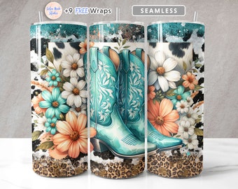 May include: A set of three turquoise and white tumbler cups with a floral and cowboy boot design. The design features turquoise cowboy boots with white floral accents on a white and black cowhide background.