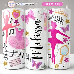 Diseño de envoltura para vaso de bailarina Baile de ballet Agregue su propio nombre/texto Sublimación sin costura Vaso delgado de 20 oz PNG Descarga digital instantánea