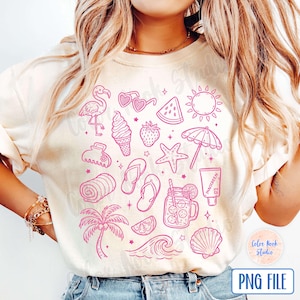 May include: A white t-shirt with a pink outline design of various summer-themed icons, including a flamingo, ice cream cone, watermelon, sunglasses, a starfish, a beach umbrella, a seashell, a palm tree, and a jar of lemonade. The text "PNG FILE" is visible in the bottom right corner of the image.
