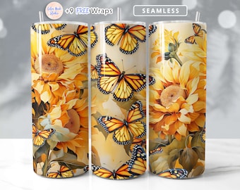 Butterfly 20 oz Tumbler Wrap Sunflowers PNG Seamless Sublimation Design Instant Digital Download