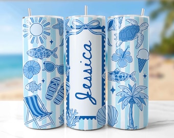 Preppy Coastal Summer 20 oz Tumbler Wrap PNG, Customizable Add Your Own Name Design,  Boutique Beach Vacation Striped Sublimation File
