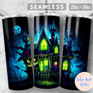 Haunted House Tumbler Wrap 20 Unzen & 30 Unzen Halloween Glowing Sublimationsdesign Gerade und verjüngt PNG Sofortiger digitaler Download Nahtlos
