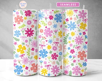 Söt blommig tumbler-sjal PNG, blomma, kokett, sublimering, 20 oz smal tumbler-design, vit + transparent bakgrund, digital nedladdning