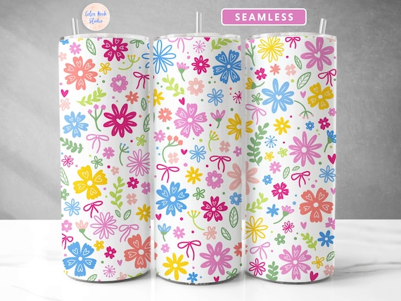 Cute Floral Tumbler Wrap PNG, Flower, Coquette, Sublimation, 20 oz Skinny Tumbler Design, White + Transparent Background, Digital Download