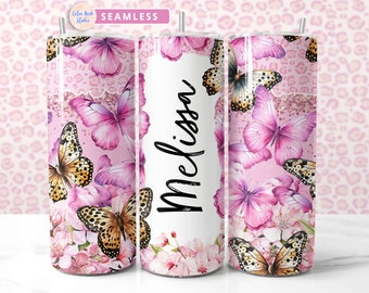 Butterfly Tumbler Wrap Add Your Name PNG Pink Leopard Print Seamless Sublimation 20 oz Tumbler Design Instant Digital Download