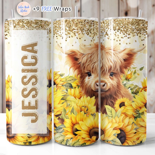 Highland Cow 20 oz Tumbler Wrap Sunflowers Add Your Own Text Personalised Seamless Sublimation Design Instant Digital Download