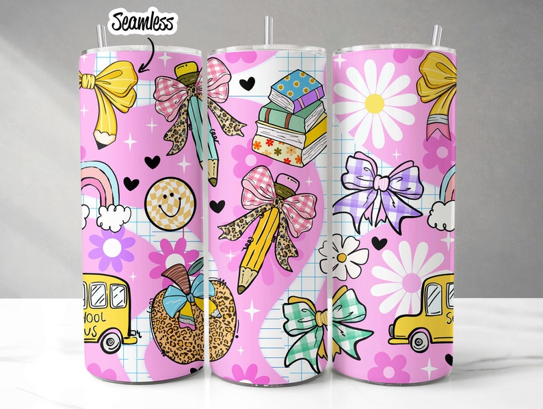 May include: A pink tumbler with a seamless pattern of school-themed illustrations. The design includes pencils, bows, books, daisies, rainbows, smiley faces, hearts, and school buses. The tumbler has a straw and the word "Seamless" is in the top left corner.