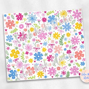 May include: A seamless pattern featuring a variety of colorful flowers, leaves, and bows on a white background.