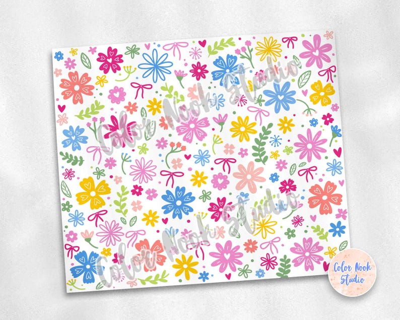 May include: A seamless pattern featuring a variety of colorful flowers, leaves, and bows on a white background.