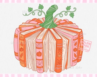 Book Pumpkin PNG, Fall Bookish, Preppy Boutique Autumn Book Lover Sublimation, Cozy Reading Librarian Design