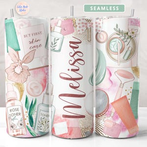 Skin Care Tumbler Wrap Personalized Esthetician PNG Add Your Own Name Sublimation 20 oz Skinny Tumbler Design Digital Download
