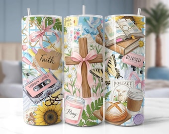 Envoltura para vaso delgado de 20 oz sin costuras con collage cristiano PNG, diseño de sublimación con lazo de fe