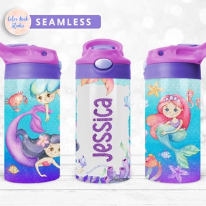 Mermaid Kids 12 oz Flip Top Tumbler Wrap Cute PNG Personalized Design Water Bottle Sublimation Add Your Own Name Instant Digital Download
