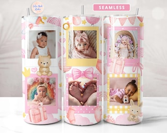Baby Girl Tumbler Wrap PNG Add Your Own 6 Photos Sublimation Seamless Personalized 20 oz Skinny Tumbler Design Digital Download