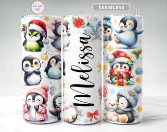 Envoltura para vaso de pingüino PNG Lindo animal Agregue su propio nombre/texto Sublimación perfecta Diseño personalizado de vaso delgado de 20 oz Descarga digital