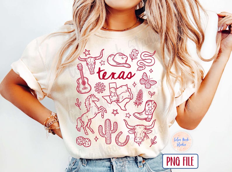 May include: Cream-colored t-shirt with a red Texas-themed graphic. The design includes a guitar, longhorn skull, cowboy hat, snake, butterfly, Texas flag, horse, cactus, and cowboy boot. The word "Texas" is written in a script font.