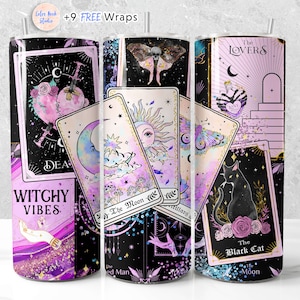 Tarot Cards Tumbler Wrap PNG Witchy Vibes Celestial Sublimación sin costuras 20 oz Diseño de vaso Descarga digital instantánea