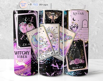 Tarot Cards Tumbler Wrap PNG Witchy Vibes Celestial Seamless Sublimation 20 oz Tumbler Design Instant Digital Download