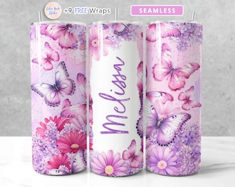 Butterfly Tumbler Wrap Add Your Name Flowers Purple & Pink Seamless Sublimation 20 oz Tumbler Design Instant Digital Download