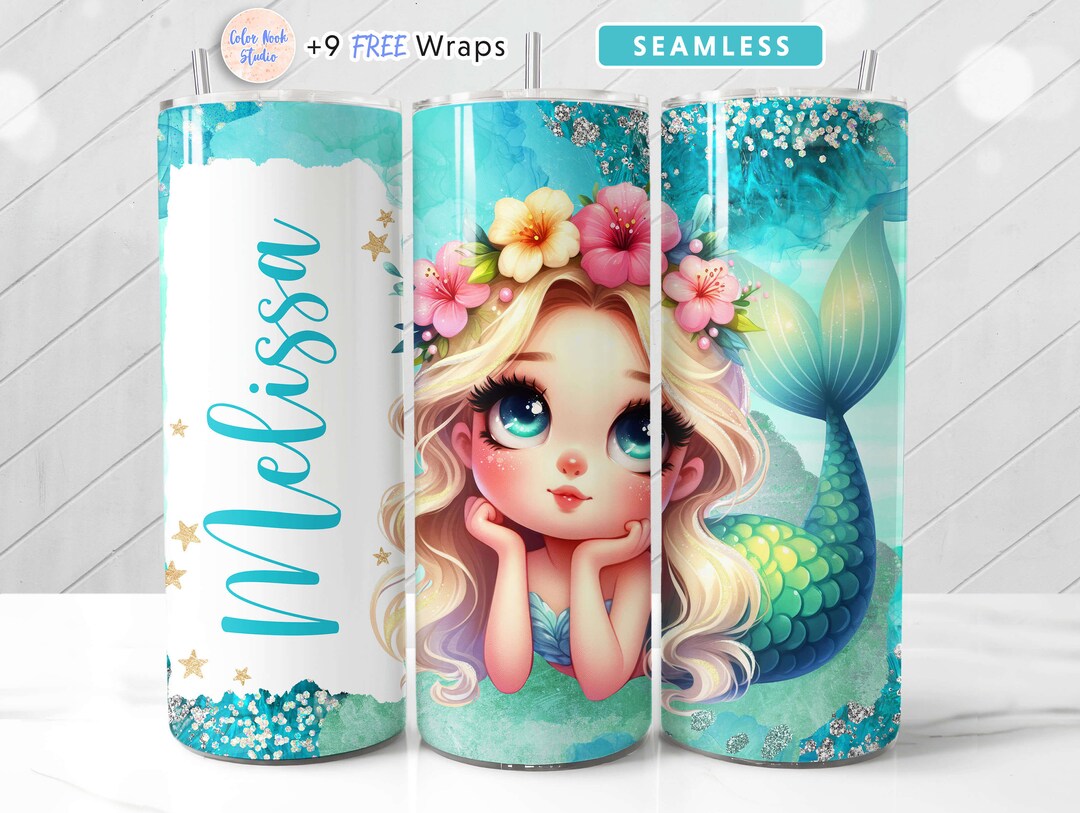 Mermaid Tumbler Wrap PNG Add Your Own Name Cute 20 Oz Tumbler Design ...