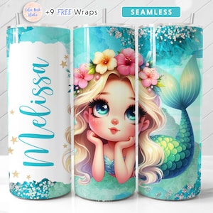 Mermaid Tumbler Wrap PNG Aggiungi il tuo nome Carino 20 oz Tumbler Design Senza Soluzione di Continuità Sublimazione Download Digitale Istantaneo