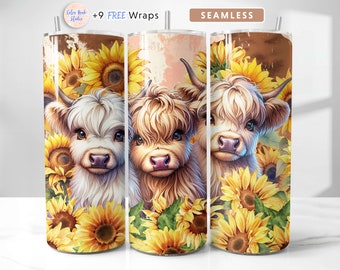 Highland Cow Tumbler Wrap Sunflowers Seamless Sublimation 20 oz Tumbler Design Instant Digital Download
